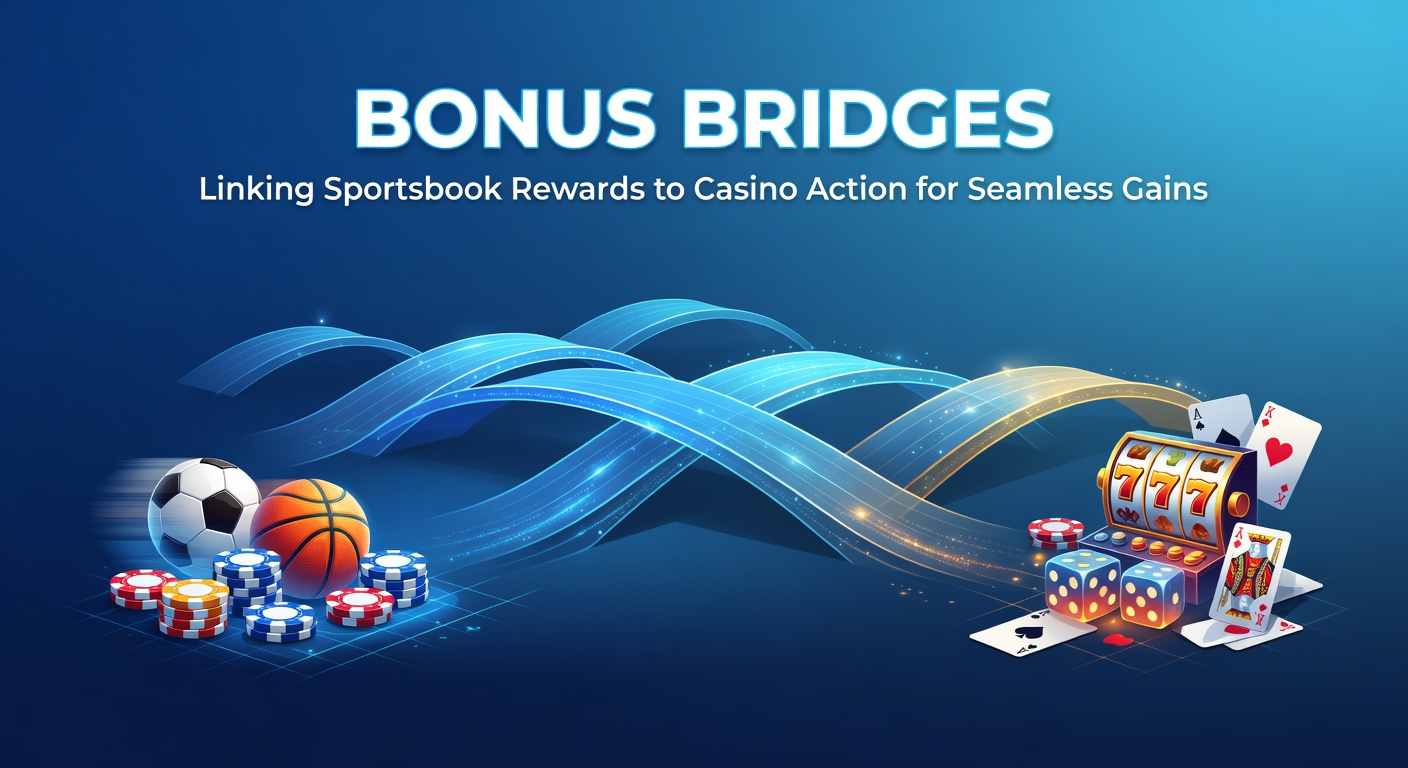 Digital graphic showing interconnected bridges between sportsbook icons and casino slot machines, symbolizing reward transfers