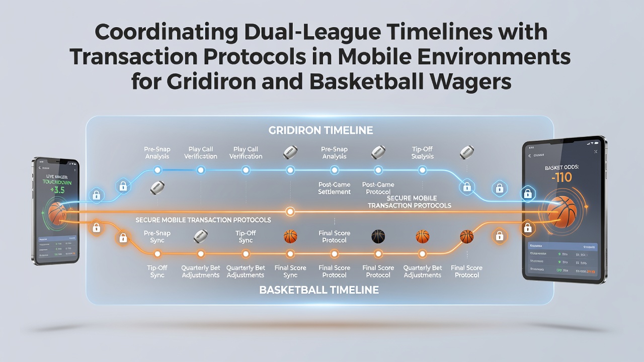 Mobile app interface showing NFL and NBA betting timelines synced with transaction protocols