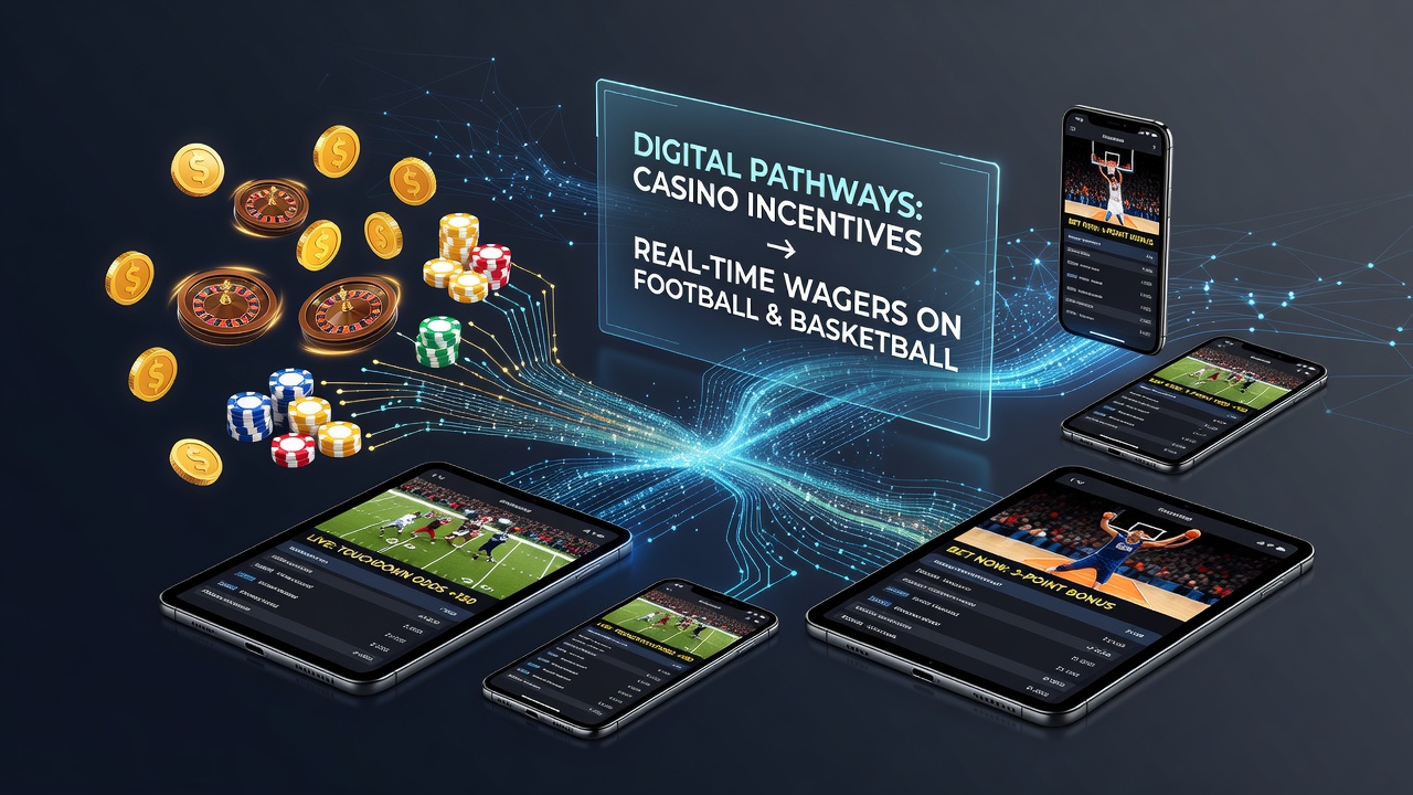 Mobile app interface showing casino rewards integrated with live football and basketball betting options on a handheld device