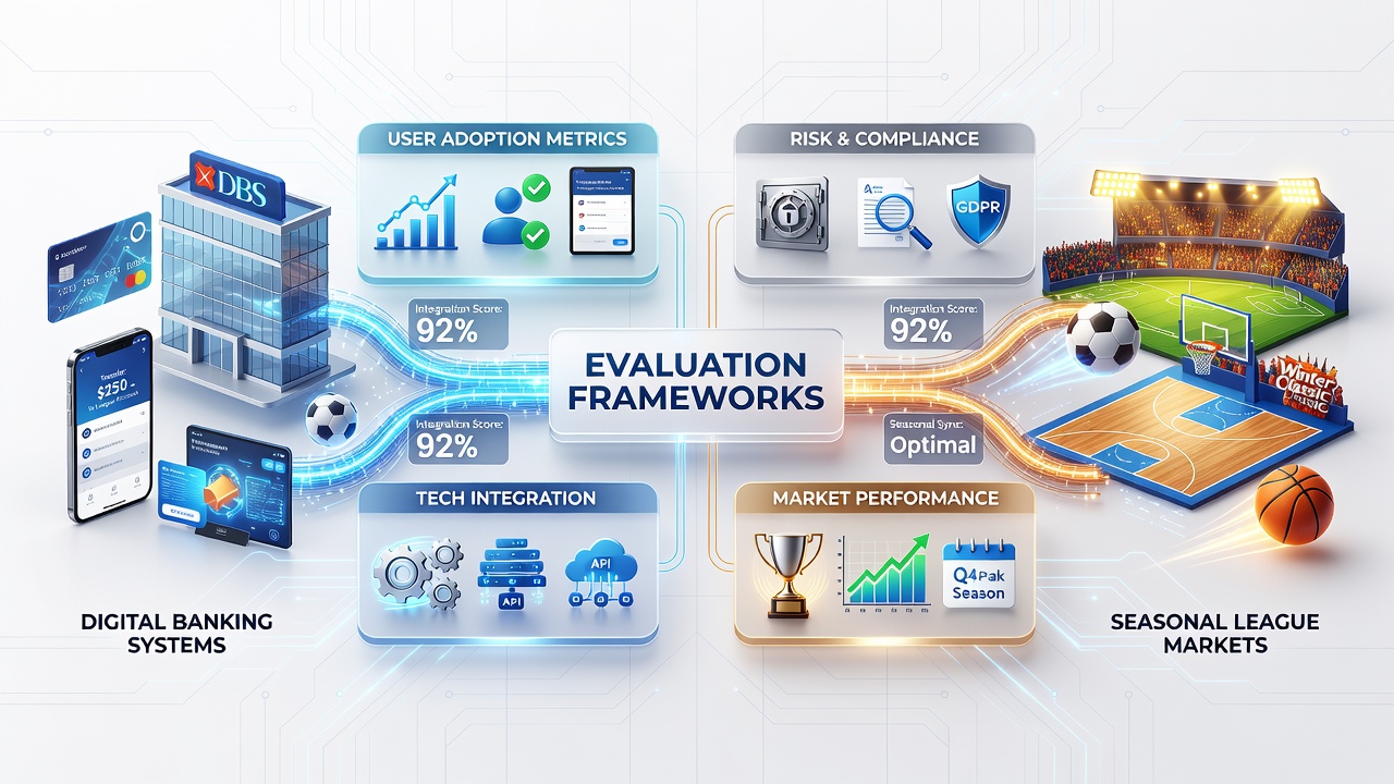 Evaluation dashboard showing compliance scores and integration timelines for digital banking tools in league market environments