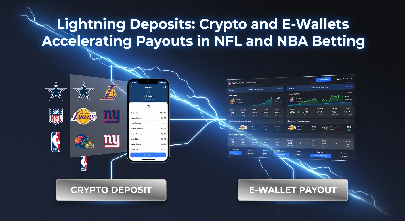 Digital wallet icons overlayed on NFL and NBA stadium lights, symbolizing fast crypto transactions during high-stakes games