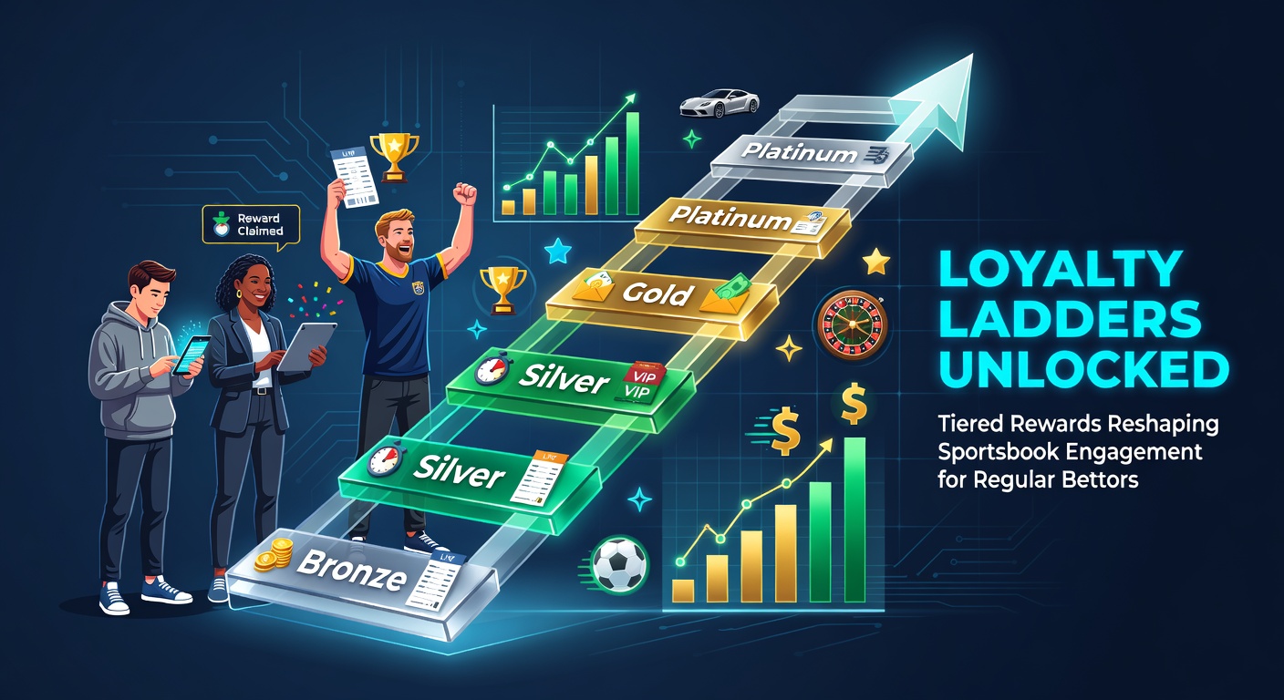 Visual representation of a loyalty ladder in a sportsbook platform, showing ascending tiers from bronze to platinum with reward icons like free bets and cashback symbols climbing upward