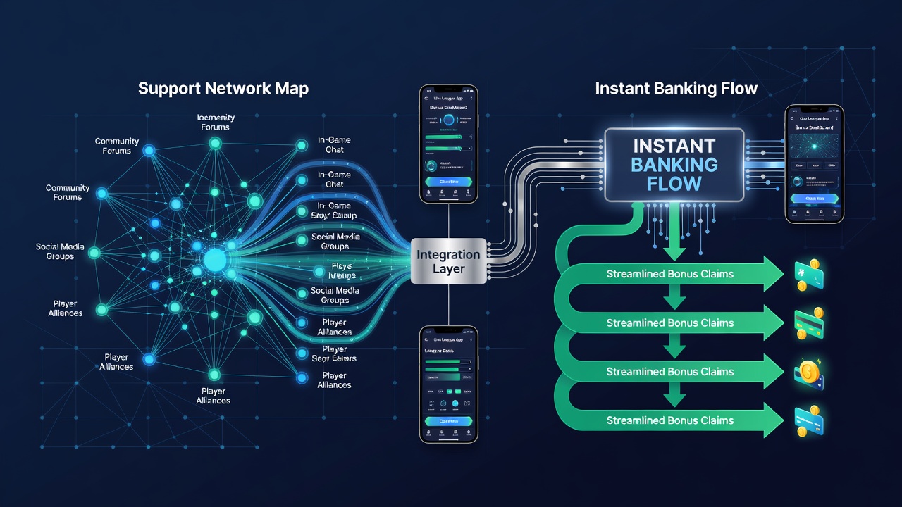 Diagram showing support network integration with instant banking systems in live league mobile apps
