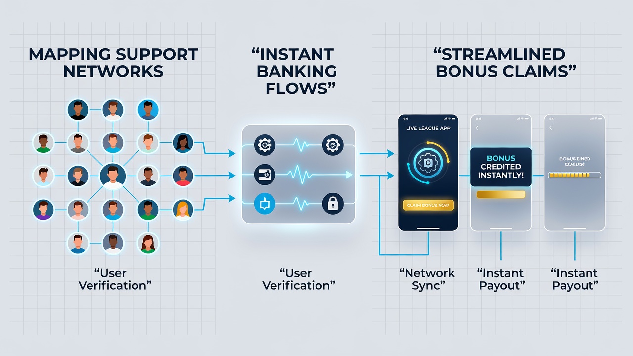 Flowchart illustrating mapped connections between user support queries and real-time banking processes for bonus activation