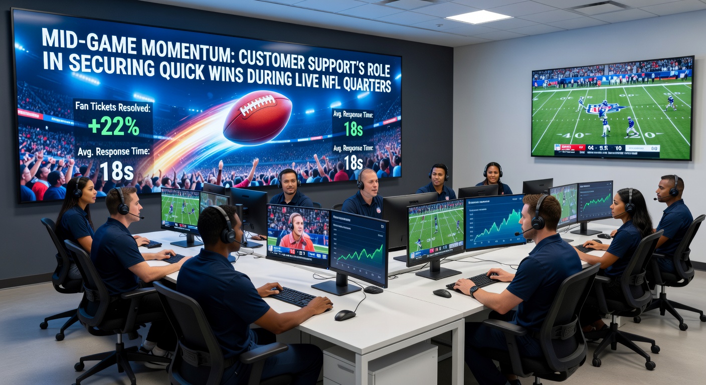 Customer support dashboard glowing with live NFL queries during a high-intensity quarter, chat bubbles popping with odds updates and bet confirmations