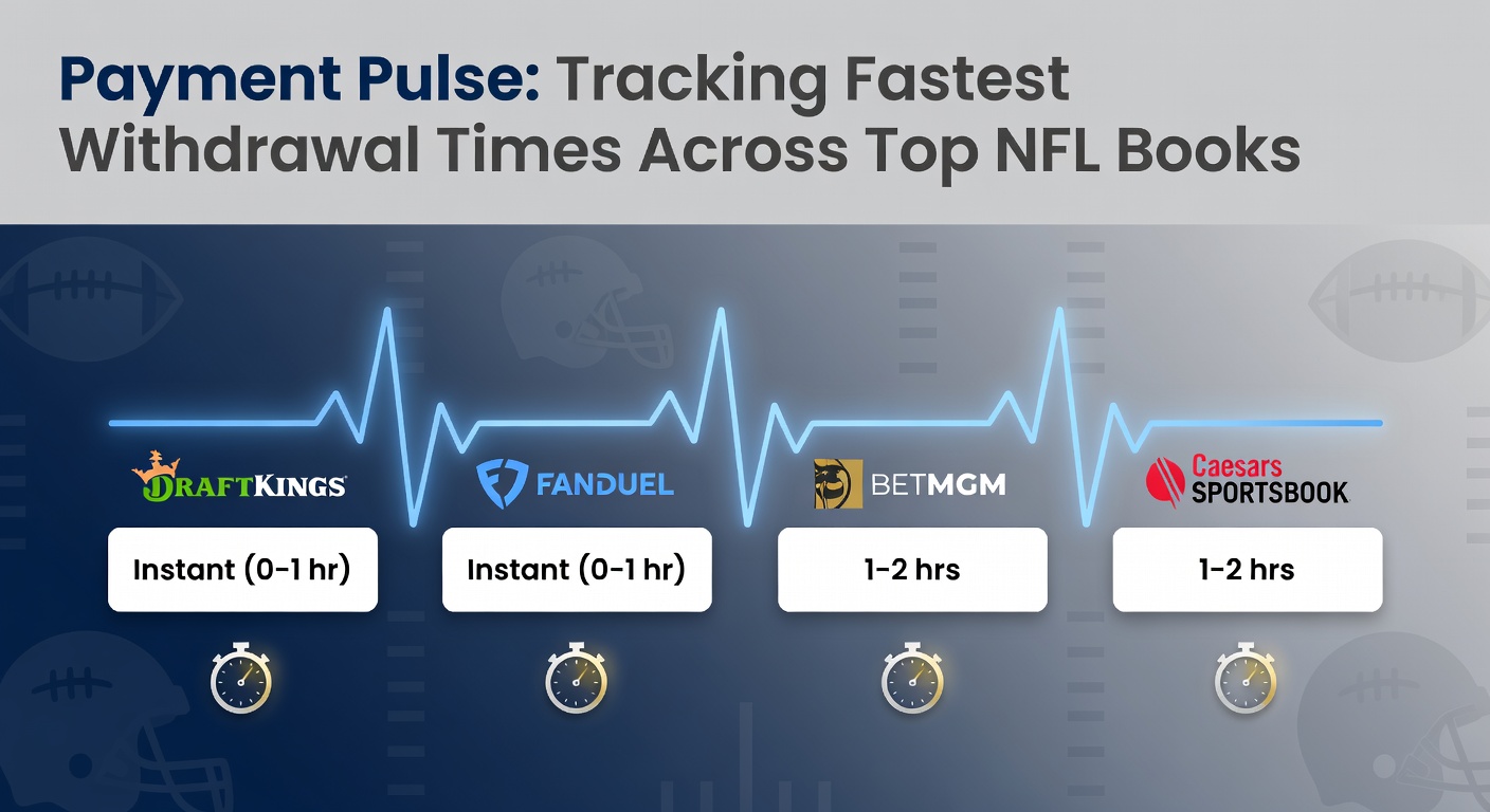 Digital dashboard displaying real-time withdrawal processing times for major NFL sportsbooks, with graphs highlighting peak speeds during game days