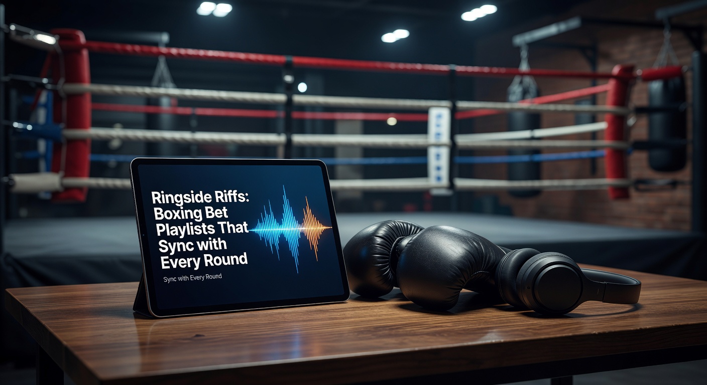 A boxer shadowboxing under spotlights with rhythmic sound waves overlayed, capturing the intensity of ringside energy synced to music beats